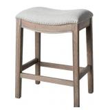 Maven Lane Adrien Backless Counter Stool 26 Inches Saddle Stool with Footrest Grey Solid Wood Frame & Grey Fabric Upholstery Perfect for Kitchen Islands & Counters