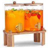 2 PCS 1 Gallon Drink dispenser, Glass Beverage Dispenser With Wood Stand, Large Water Drink Dispensers for Parties With Stainless Steel Spigot, Ideal for Lemonade,Juice, Tea, and Party Drinks - Retail