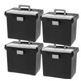 IRIS USA File Box Portable File Organizer Plastic File Box for Letter File w/ Organizer-Lid  BPA-Free Plastic Storage Organizer with Secure Buckle and Handle -Black 4 Pack