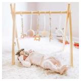 Wooden Baby Gym with 6 Gym Toys Foldable Baby Play Gym Frame Activity Center Hanging Bar Newborn Gift - Retail: $60