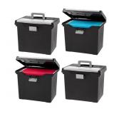 IRIS USA File Box with Lid File Organizer for Letter File w/ Organizer-Lid, Water Resistant Document Box, Plastic Mobile Filing Organizer, Secure Buckle, Portable Handle, Lockable, Black 4 Pack