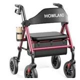 HOMLAND Walkers for Seniors with Seat, Foldable Rollator Walker, Reinforced Aluminum Frame, 8\" Big Rubber Wheels for All Terrain, Height Adjustable Lightweight Rolling Walker - Retail: $150