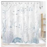 Nautical Coastal Shower Curtain, Blue Ocean Beach Theme Fish Starfish Shell Coral Bathroom Curtain, 72x72 Inch Waterproof Polyester Fabric Shower Curtain Set with 12 Hooks