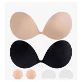 Sticky Bra Push Up 2 Pairs, Adhesive Strapless Backless Bras with Nipple Covers Black Nude