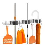 The Good Stuff Compact Mop and Broom Holder Wall Mount - Stainless Steel Organizer with 3 Racks and 2 Hooks - Rust-Resistant, Space-Saving Tool Hanger for Closet, Kitchen, Garage, or RV