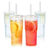 20oz Glass Tumbler with Straw and Lid Iced Coffee Glasses with Glass Straw Vintage Drinking Glasses Set of 4 for Juice Soda Smoothie(Rainbow*4)