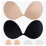 Sticky Bra Push Up 2 Pairs, Adhesive Strapless Backless Bras with Nipple Covers Black Nude