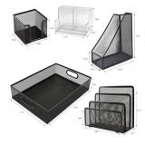 RHONZHAO Desk Accessories - 5 Piece Black Office Desk Organizer Set - File Tray, Magazine Holder, Pen Cup, Sticky Note Holder & Letter Mail Sorter for Organized Workspace Efficiency