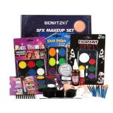 Bowitzki Halloween Makeup Set Oil Based Face Body Paint Special Effects Kit SFX Sponges Scar Wax Fake Blood Brush Tooth Paint Halloween Party SFX Cosplay