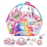 BATTOP Baby Gym Play Mat, 8-in-1 Tummy Time Activity Mat & Ball Pit with 6 Toys, Washable Sensory Playmat for Visual/Hearing/Motor Development, Newborn Gift 0-12 Months (Pink)