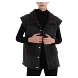 Womens Sherpa Fleece Lined Denim Vest Loose Sleeveless Wool Warm Jean Jacket Waistcoat Outwear Gilet with Pockets Small