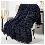 DREAMNINE Decorative 850GSM Fluffy Feather Faux Fur Throw Blanket for Couch Sofa 50" x 60" Soft Plush Long Hair Shaggy Fuzzy Blankets Double Sided Luxury Warm Furry Blanket for Valentine Navy Blue"