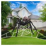 HBSTK 17 * 17 * 17FT White Triangle Lifelike Spiderweb Gaint Large Plush Halloween Spider Web with 6.5Ft Giant Spider for Indoor and Outdoor Decor Decoration Outside Yard Garden Lawn Party