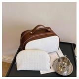 Large Capacity Travel Makeup Bag PU Leather Toiletry Bag For Women Portable Cosmetic Bag(Khaki)