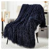 DREAMNINE Decorative 850GSM Fluffy Feather Faux Fur Throw Blanket for Couch Sofa 50" x 60" Soft Plush Long Hair Shaggy Fuzzy Blankets Double Sided Luxury Warm Furry Blanket for Valentine Navy Blue"