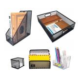 RHONZHAO Desk Accessories - 5 Piece Black Office Desk Organizer Set - File Tray, Magazine Holder, Pen Cup, Sticky Note Holder & Letter Mail Sorter for Organized Workspace Efficiency
