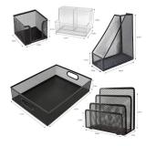 RHONZHAO Desk Accessories - 5 Piece Black Office Desk Organizer Set - File Tray, Magazine Holder, Pen Cup, Sticky Note Holder & Letter Mail Sorter for Organized Workspace Efficiency