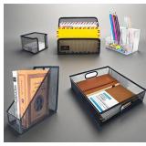 RHONZHAO Desk Accessories - 5 Piece Black Office Desk Organizer Set - File Tray, Magazine Holder, Pen Cup, Sticky Note Holder & Letter Mail Sorter for Organized Workspace Efficiency