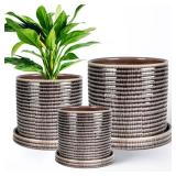 EFISPSS Ceramic Plant Pots, 6+8+10 Inch Ceramic Pot for Plants, Flower Pots with Drainage Hole and Saucer, Planters Pot for Indoor Outdoor Plants, Set of 3 - Brow
