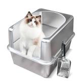 Aothey Stainless Steel Litter Box with Metal Lid and Scoop - Enclosed Metal Litter Box for Large Cats, Rust-Resistant, Odor-Control, Easy to Clean, Durable & Long-Lasting with Round Edge (L)