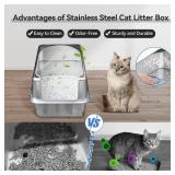 Aothey Stainless Steel Litter Box with Metal Lid and Scoop - Enclosed Metal Litter Box for Large Cats, Rust-Resistant, Odor-Control, Easy to Clean, Durable & Long-Lasting with Round Edge (L)