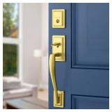 Baldwin Torrey Pines, Front Entry Handleset with Interior Lever, Featuring SmartKey Deadbolt Re-Key Technology and Microban Protection, in Satin Brass
