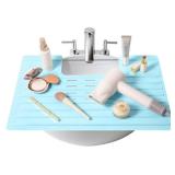 Maplefield Bathroom Sink Cover for Counter Space, Heat Resistant Silicone Sink Mat for Your Beauty Routine, Small Bathroom Space Saver Sink Cover for Makeup (Light Blue Large, 22 x 2 x 2 Inches)