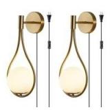 Modo Lighting Glass Ball Wall Sconce Plug in Mid Century Modern Drop Design Wall Light Brushed Brass Gold Wall Lamps for Bedside Living Room (with Plug in 2 Pack)