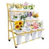 PROLEE Flower Display Stand with 12 Buckets, Flower Cart 3 Layers, Flower Stand Metal with Wheels, Moving Florist Bouquet Shelf, Triangular Rack, Gold