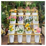 PROLEE Flower Display Stand with 12 Buckets, Flower Cart 3 Layers, Flower Stand Metal with Wheels, Moving Florist Bouquet Shelf, Triangular Rack, Gold