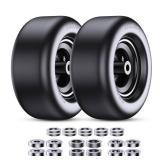 Lawn Mower Tires 13x5.00-6 (2-Pack), Flat Free Solid Smooth Tread, Front Tire Assembly Replacement, Universal Fit for Commercial/Residential Mowers with Adapter Kit, 3/4\" Bushing (Black)