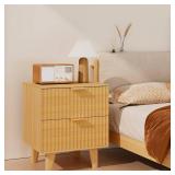 Urban Deco Fluted Nightstand with Storage, Mid Century Modern Nightstand, Wooden Side Table with 2 Fluted Drawers, End Table with Solid Wood Legs for Bedroom,15.4 x 15.4 x 22.8 in (Natural)