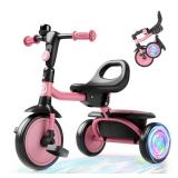 besrey Colorful Lighting Toddler Tricycle for Ages 18 Months to 5 Years, Toddler Bike with Bell, Kids Tricycle, Gift for 2-5 Year Olds, Toy for Boys and Girls, Tricycle for Toddlers, Pink