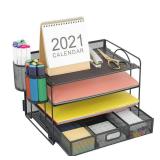 Marbrasse Desk Organizer and Accessories4-Tier Paper File Letter Tray Accessories & Workspace Desk Organizers with Drawer and 2 Pen Holders for School Home Office Supplies (Black)