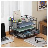 Marbrasse Desk Organizer and Accessories4-Tier Paper File Letter Tray Accessories & Workspace Desk Organizers with Drawer and 2 Pen Holders for School Home Office Supplies (Black)