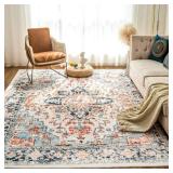VK VKÂ·LIVING 8x10 Area Rug Washable Rugs for Living Room Rug Vintage Design Boho Rug with Non Slip Living Room Rug Bedroom Carpet Stain Resistant, Home Decor, Blue&Orange