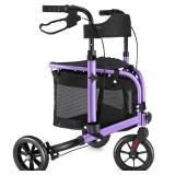 WALK MATE 3 Wheel Rollator Walker with Seat for Slim Seniors, Padded Backrest Lightweight Foldable Walker Ideal for Elderly, 8 Inch Tri-Wheel Modern Mobility Walking Aid Aluminum, Purple