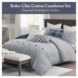 Madison Park Comforter Cotton Clipped Jacquard, Oversized Comforters King Size Bed, All Season Down Alternative Overfilled King Size Comforter, Essence, King/Cal King, Blue 9 Piece