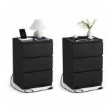 VASAGLE Nightstands with Charging Station, Set of 2, AC Outlets and USB Ports, Bedside Tables, Side Tables with 3 Drawers, Modern Style, 13.8 x 15.7 x 23.2 Inches, Ebony Black ULET731B58