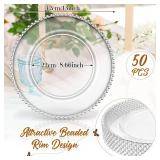 Hoolerry 50 Pcs Clear Charger Plates Bulk 13 Inch Plastic Round Dinner Plate with Beaded Rim Acrylic Round Plates Decorative Charger Service for Home Birthday Wedding Party Events Table Decor