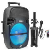 Pyle Portable Bluetooth PA Speaker System - 1000W Outdoor Speaker with 15\" Subwoofer, USB/SD Reader, FM Radio, LED Lights, Wheels, Remote Control, Tripod, & Microphone Input