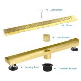 Elefloom Linear Shower Drain, 18 inch Gold Drain with Removable Grate Cover, Brushed 304 Stainless Steel Shower Floor Drain, Linear Drain with Hair Strainer and Adjustable Feet