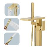 Hoimpro Tub Filler Freestanding Bathtub Faucet Brushed Gold Floor Mount Tub Faucet Waterfall Bathtub Filler with CUPC Certified High Flow Brass Bath Shower Faucets with Handheld Sprayer