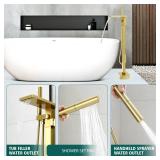 Hoimpro Tub Filler Freestanding Bathtub Faucet Brushed Gold Floor Mount Tub Faucet Waterfall Bathtub Filler with CUPC Certified High Flow Brass Bath Shower Faucets with Handheld Sprayer