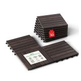 Idzo Interlocking Deck Tiles - 10PCS Waterproof Acacia Wood Patio Tiles, Flooring Tiles for Both Indoor and Outdoor - Decking Stripe Pattern, Dark Brown, 12 x 12 x 0.9 inches