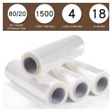 18\" x 1500ft x 80 Gauge Thick (20 Micron) Clear Cast Pallet Stretch Wrap Film [Pack of 4 Rolls, 1500