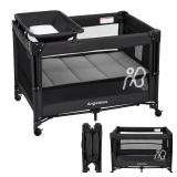 ANGELBLISS Baby Bassinet Bedside Crib, Pack and Play with Mattress, Diaper Changer, One-Push Setup Playards from Infants to Toddlers (Balck)