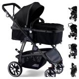 Baby Stroller, 2-in-1 Reversible Toddler Seat with Lie-Flat Mode, Foldable Infant Stroller with Canopy, One Button Brake, Adjustable Handle, Newborn Pushchair (Black B)