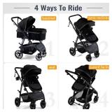 Baby Stroller, 2-in-1 Reversible Toddler Seat with Lie-Flat Mode, Foldable Infant Stroller with Canopy, One Button Brake, Adjustable Handle, Newborn Pushchair (Black B)