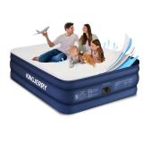 KINGJERRY Queen Air Mattress with Built-in Pump, 18\" Luxury Foam Topper Inflatable Blow Up Mattress, Breathable & Washable Silk Feel Cover, 900lbs Supports, 48Hr Leak-Proof, 3-Min Fast for Home&Guest